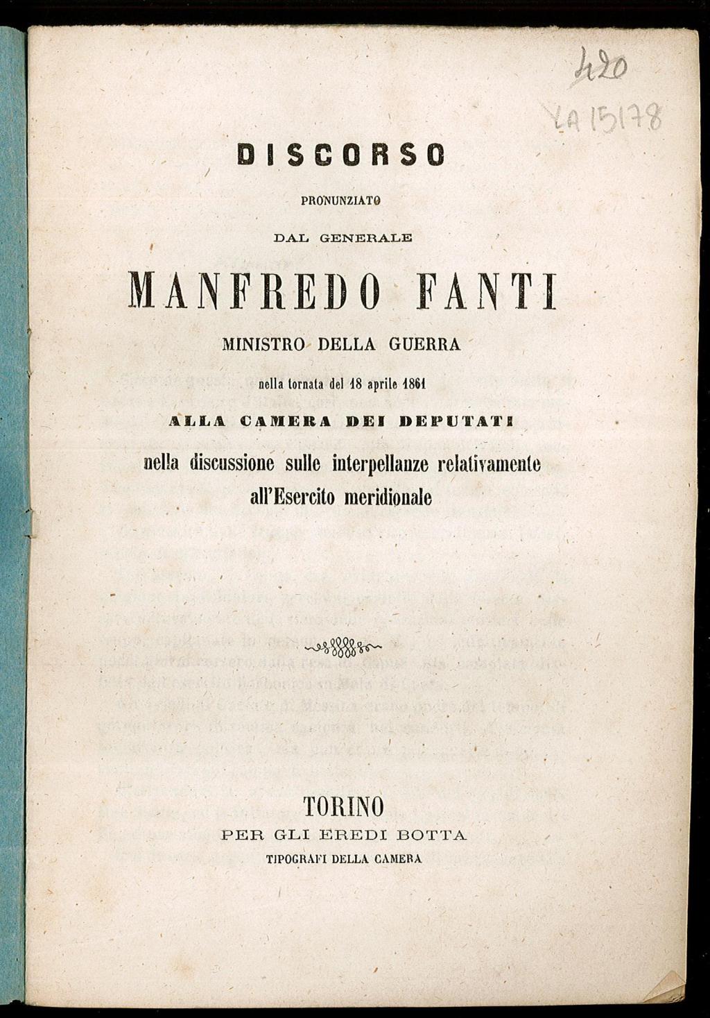 Discorso pronunziato dal Generale Manfredo Fanti Ministro della Guerra. alla …