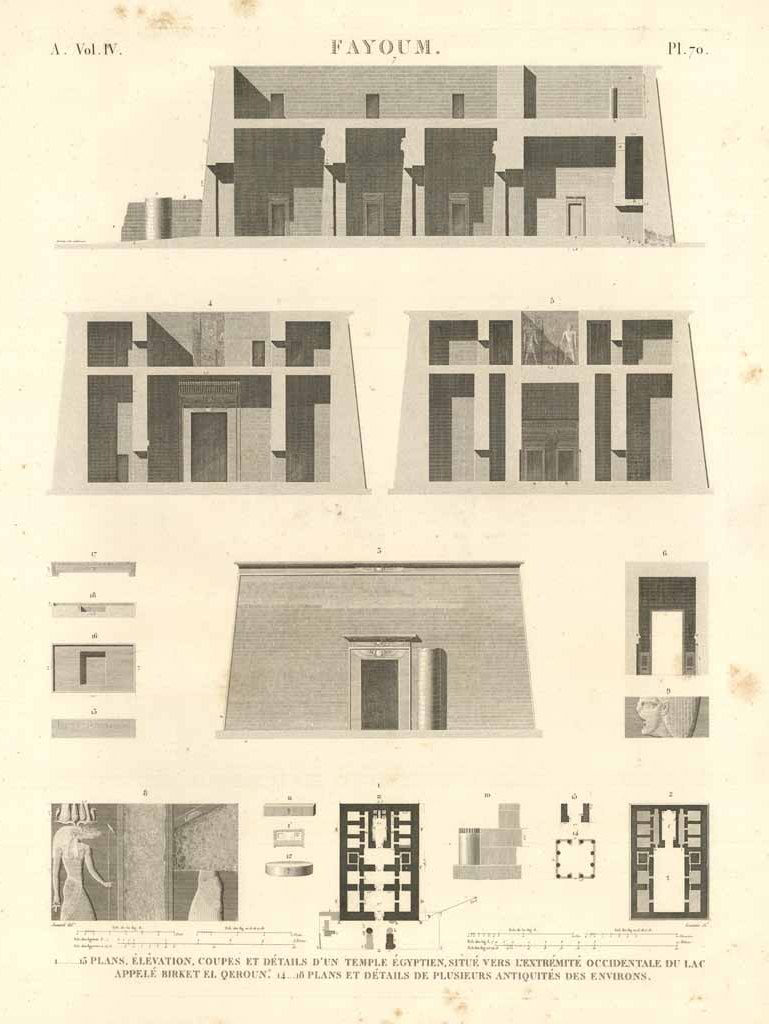 Fayoum - Plans, élévation, coupes et détails d'un temple égiptien, …