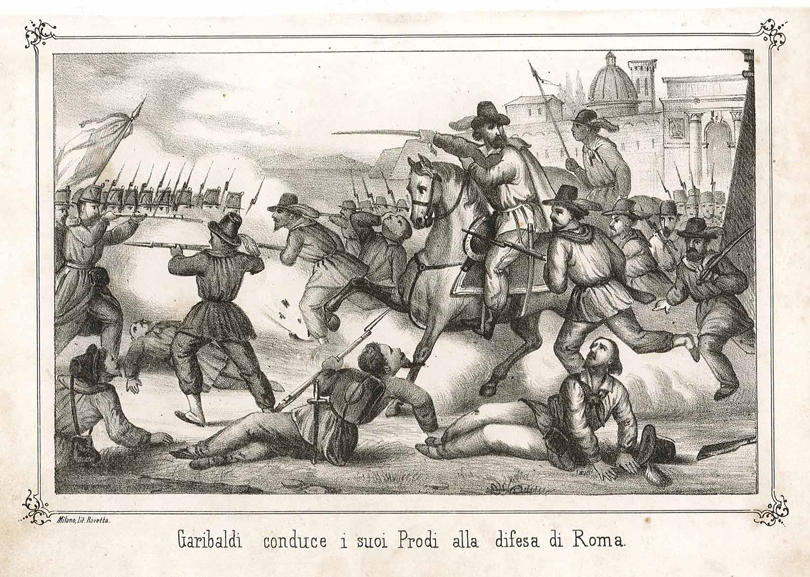 Garibaldi conduce i suoi prodi alla difesa di Roma