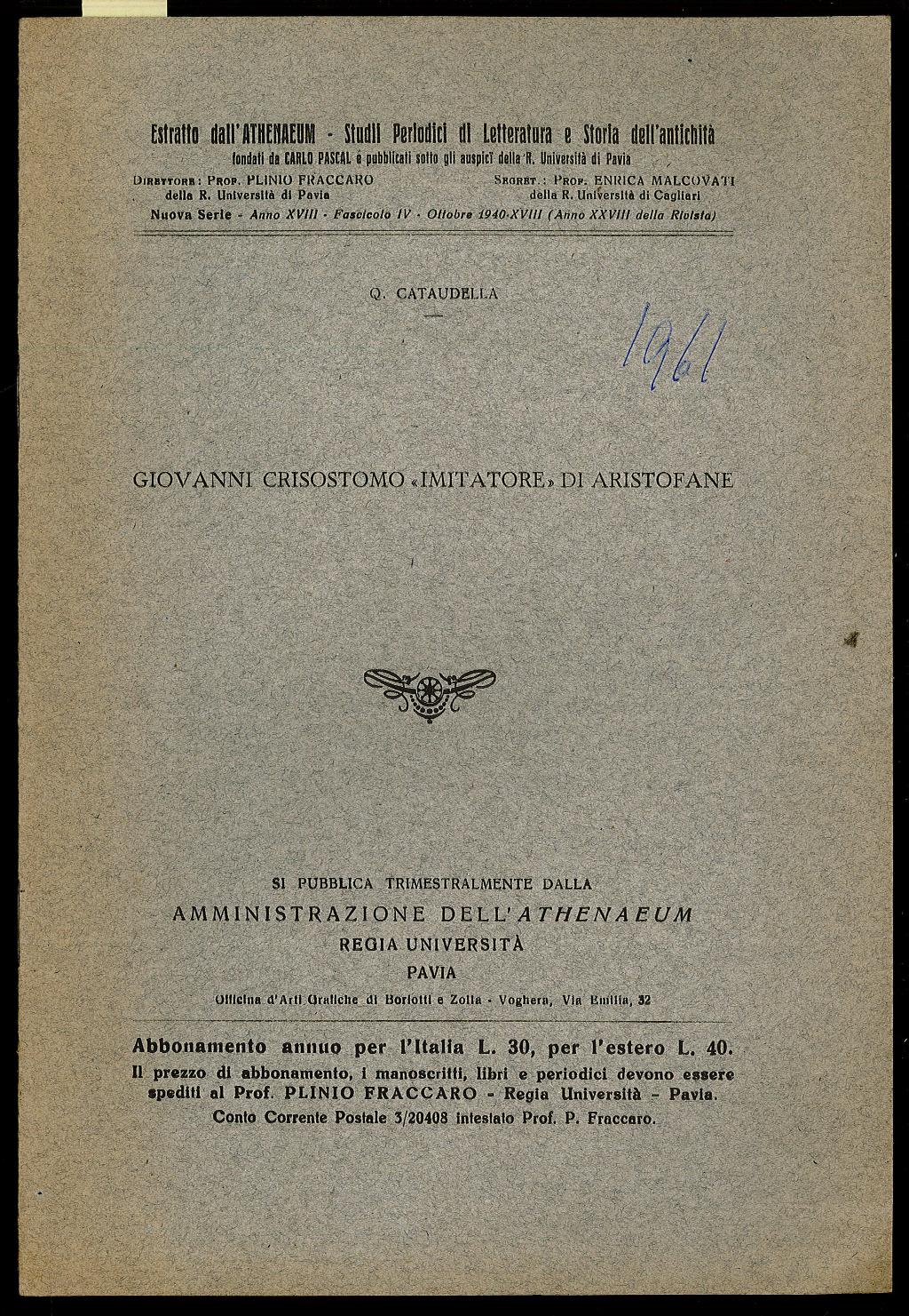 Giovanni Criostomo “Imitatore” di Aristofane