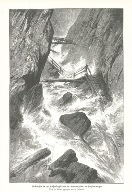 Hochwasser in der Seissenbergklamm bei Oberweissbach im Salzkammergut.
