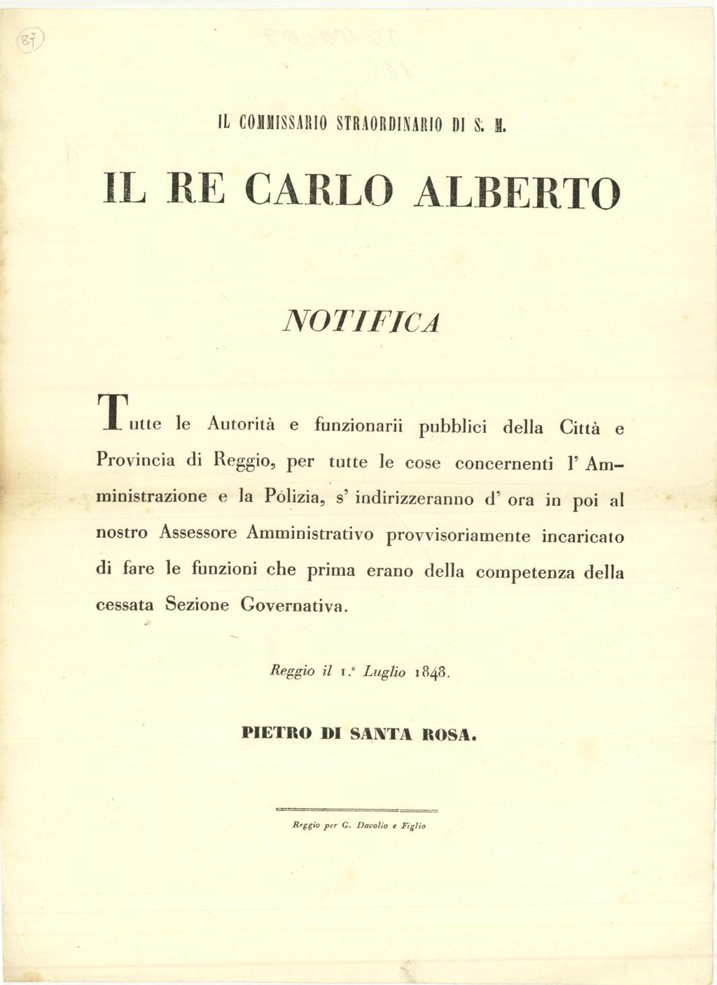 Il commissario straordinario di S. M. il Re Carlo Alberto …