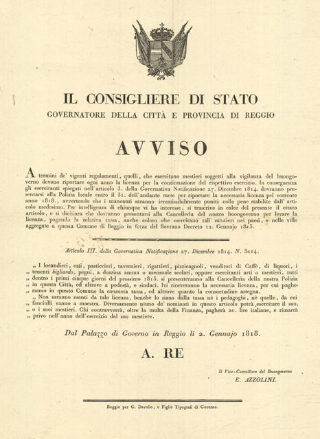 IL CONSIGLIERE DI STATO – GOVERNATORE DELLA CITTA’ E PROVINCIA …