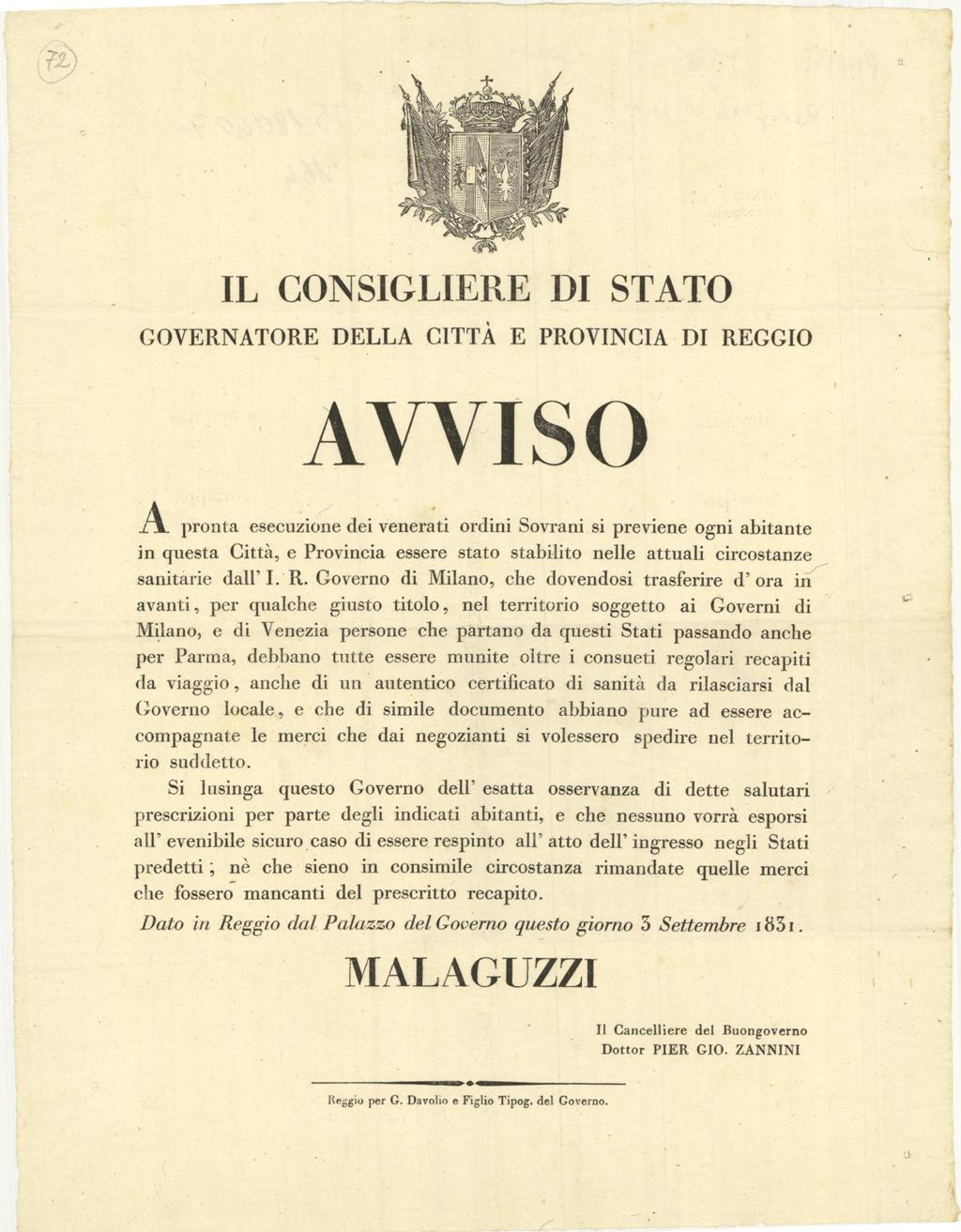 Il Consigliere di Stato Governatore della Città e Provincia di …