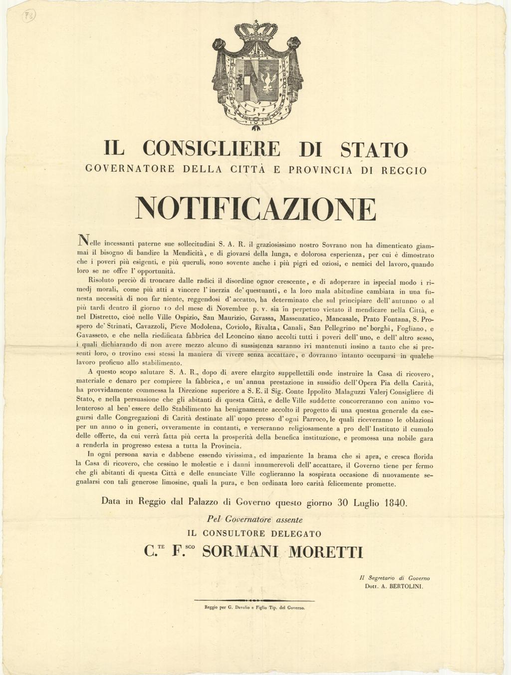 Il Consigliere di Stato Governatore della Città e provincia di …