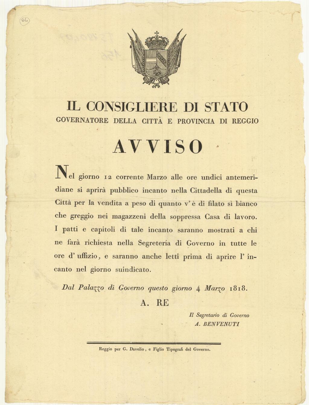 Il consigliere di Stato governatore della Città e Provincia di …