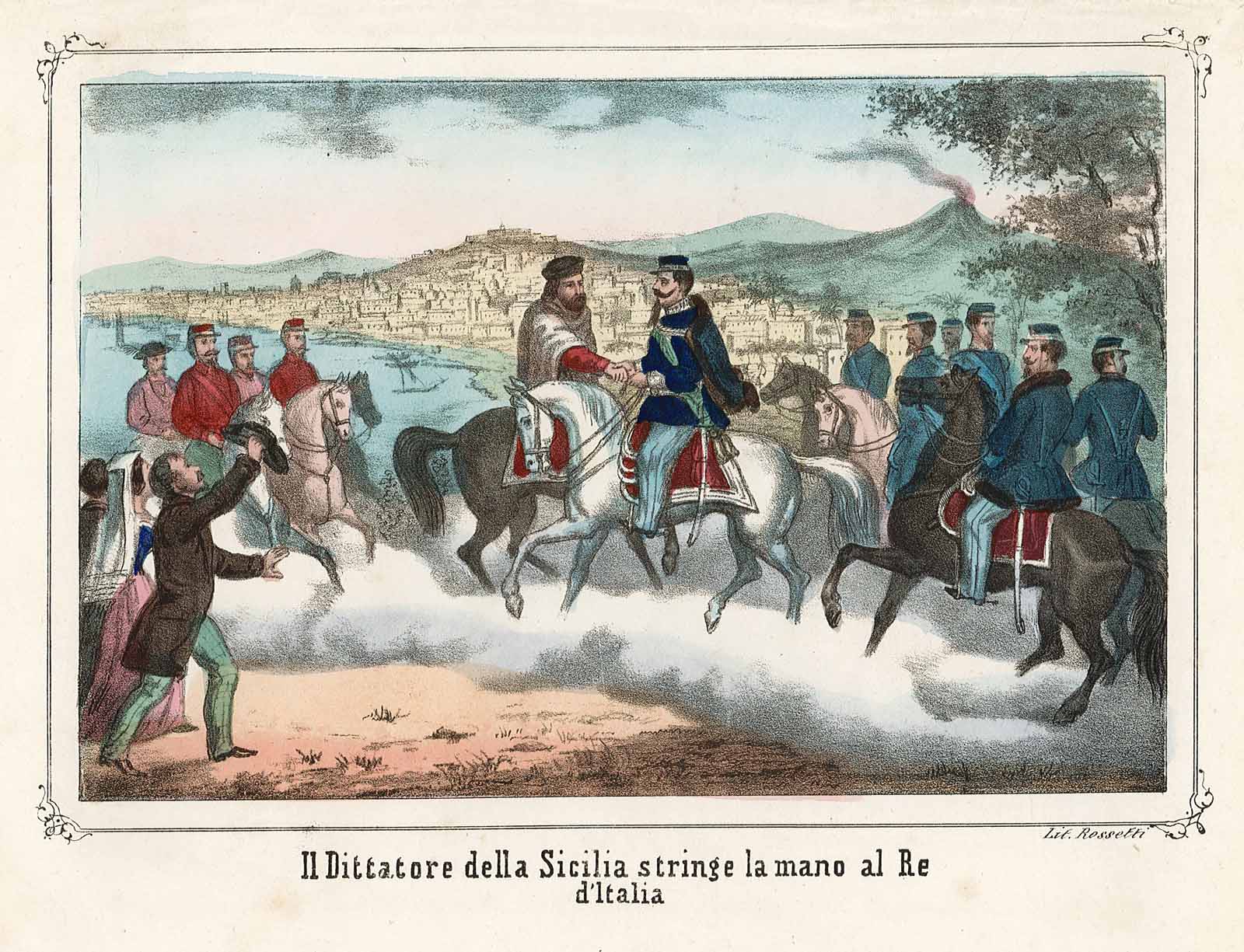 Il Dittatore della Sicilia stringe la mano al Re d'Italia