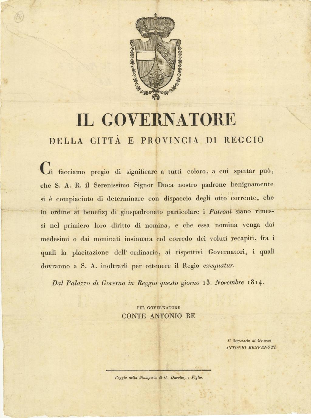 Il Governatore della Città e Provincia di Reggio