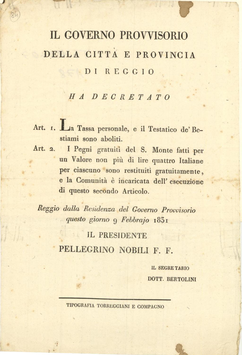 Il Governo provvisorio della città e provincia di Reggio ha …