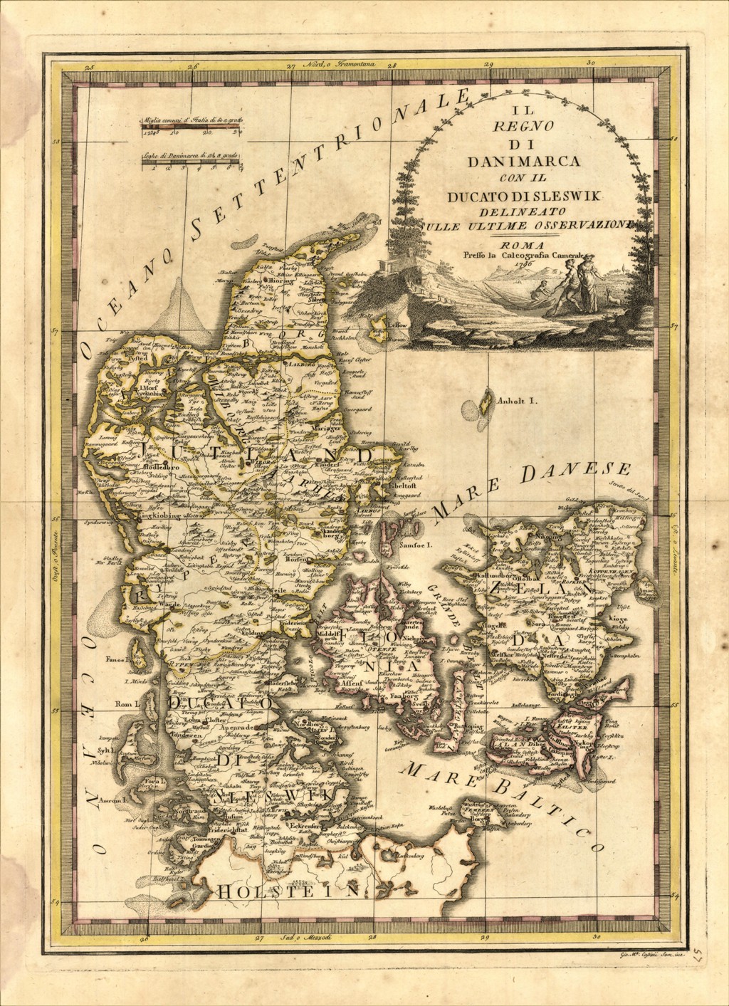 Il Regno di Danimarca con il Ducato di Sleswik delineato …