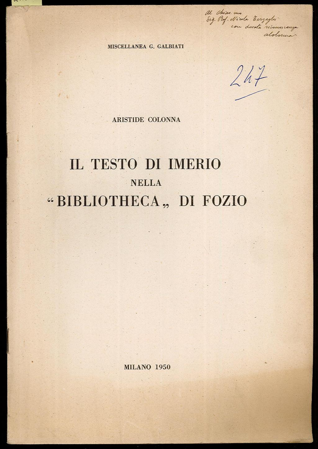 Il testo di Imerio nella "Biblioteca" di Fozio