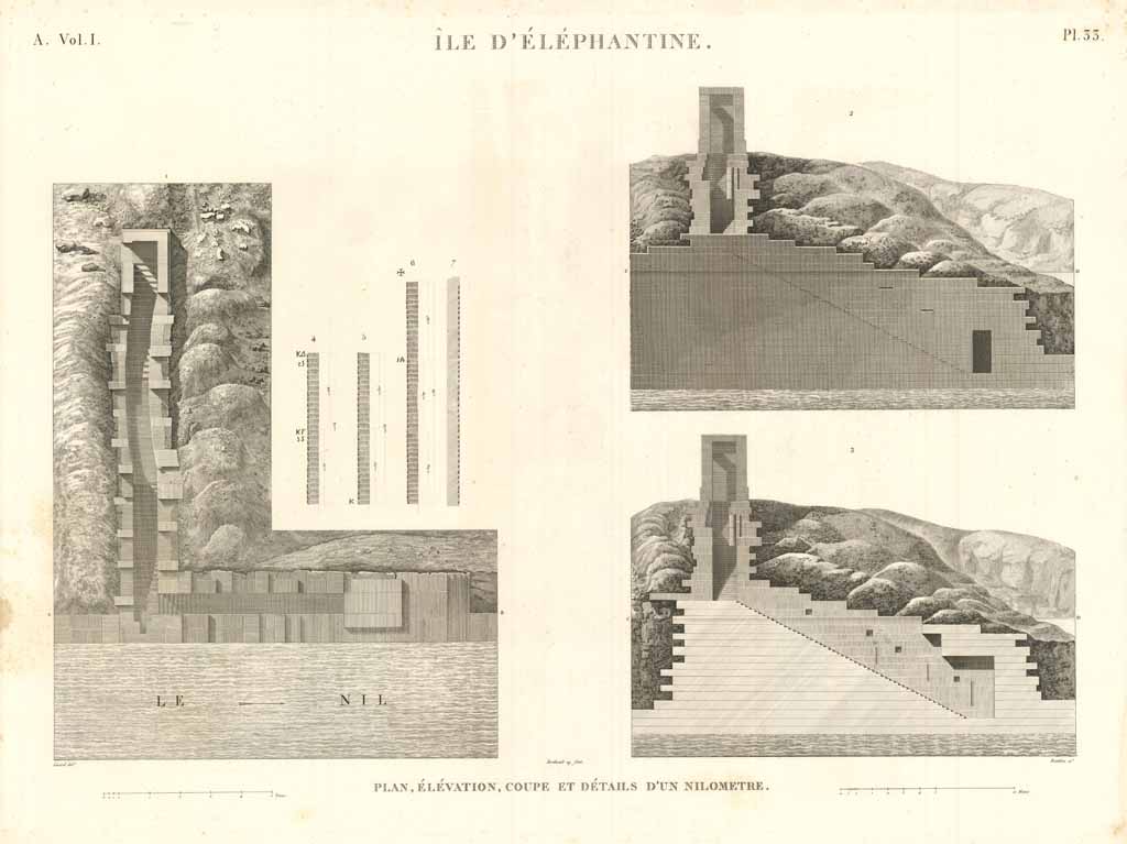 Ile d'Elèphantine - Plan, élévation, coupe et détails d'un nilometre