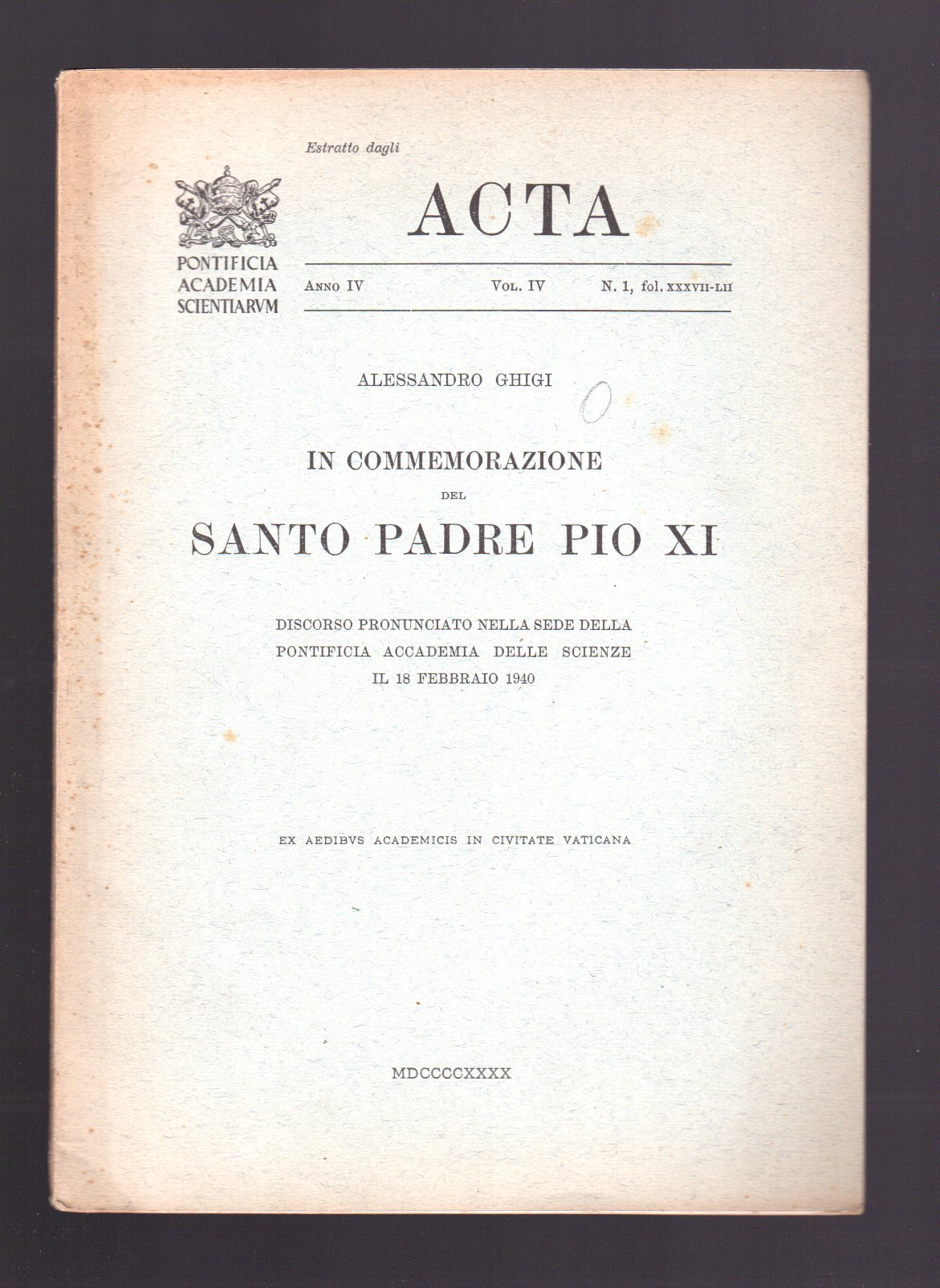 In commemorazione del Santo Padre Pio XI