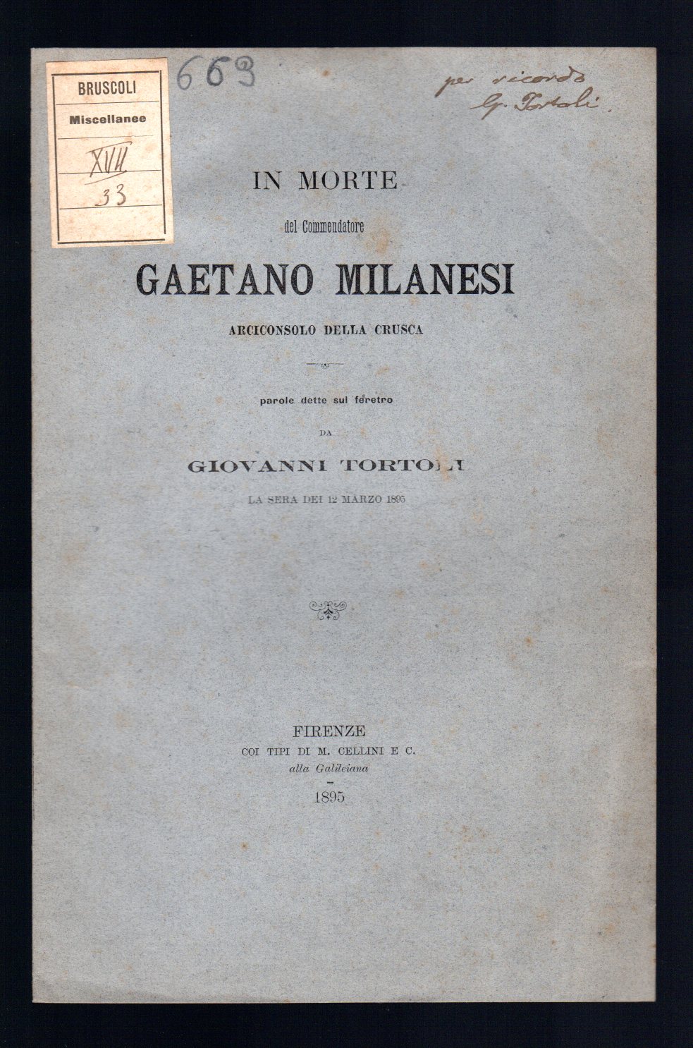 In morte del Commendatore Gaetano Milanesi