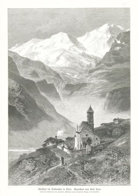 Kirchhof im Suldenthal in Tirol. Gezeichnet von Karl Hein.