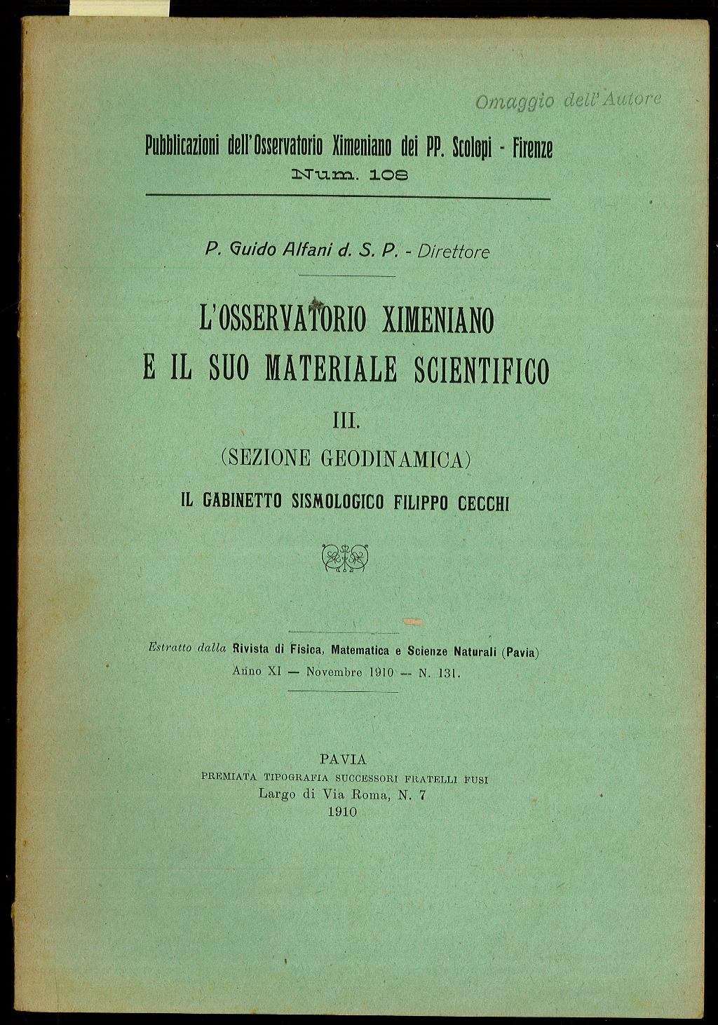 L’Osservatorio Ximeniano e il suo materiale scientifico III (Sezione geodinamica)