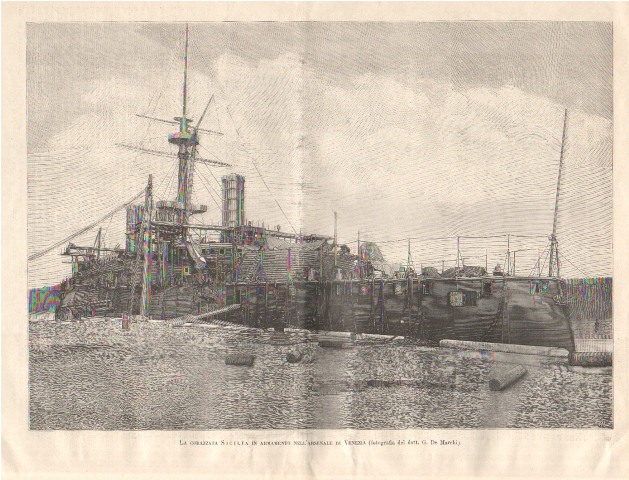 La corazzata Sicilia in armamento nell’arsenale di Venezia