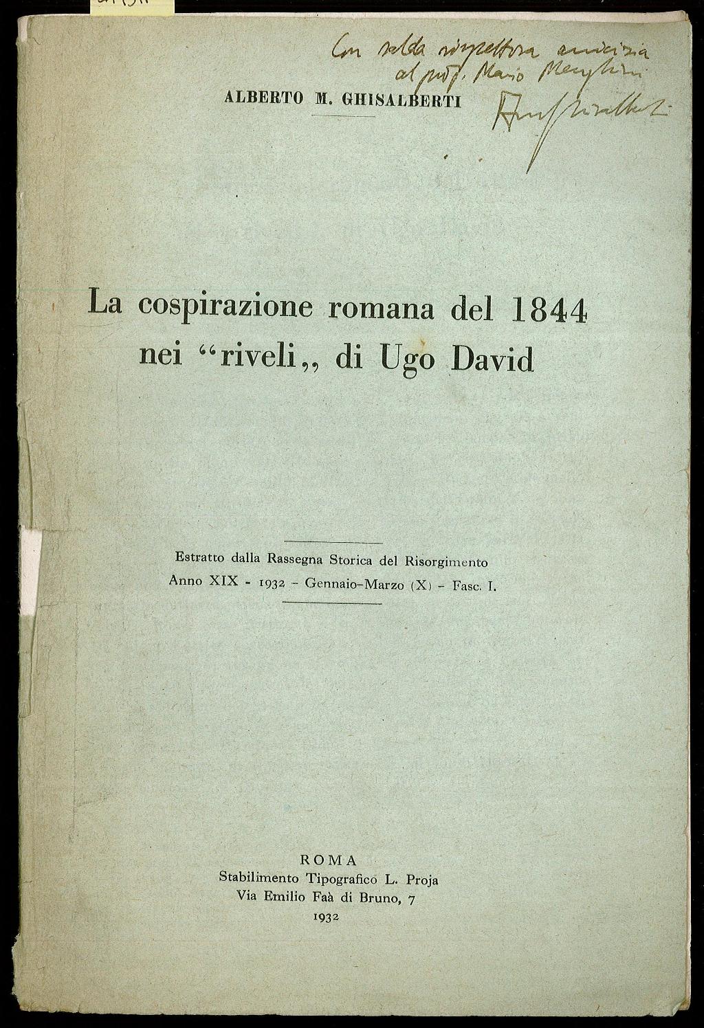 La cospirazione romana del 1844 nei “riveli” di Ugo David