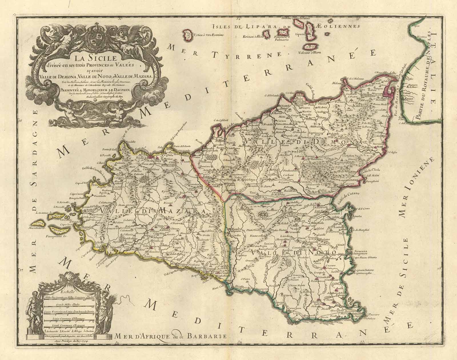 La Sicile divisée en trois Provinces.Valle di Demona, Valle di …