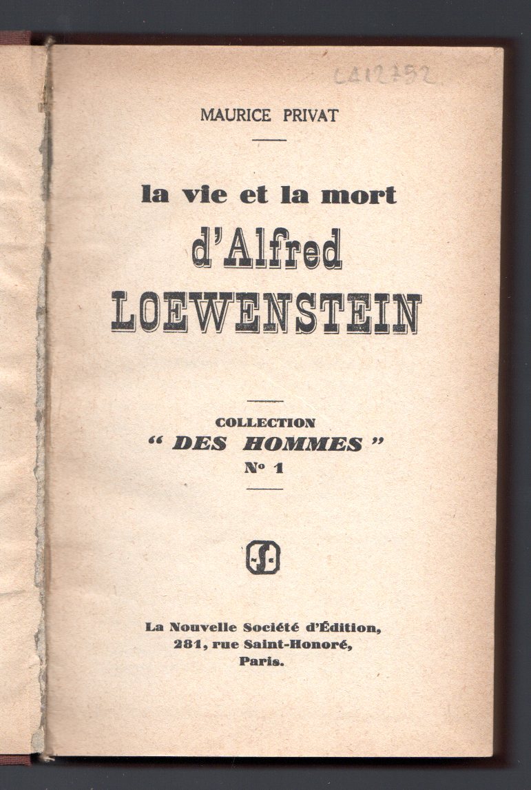 La vie e la mort d'Alfred Loewenstein