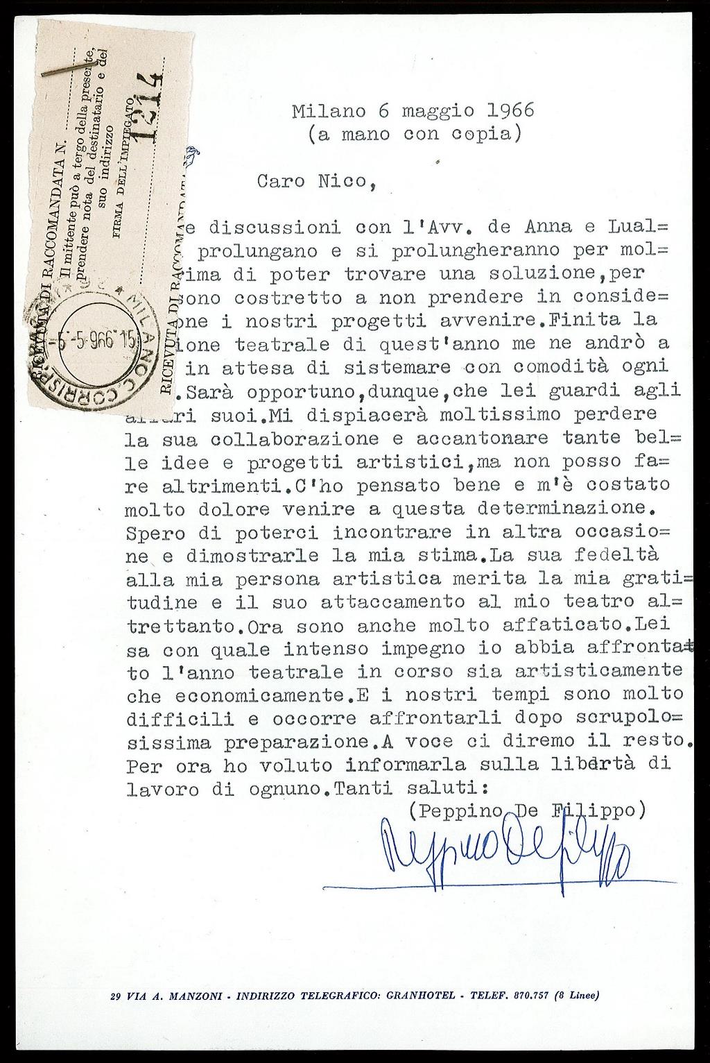 Lettera di Peppino de Filippo a Nico Pepe (senza titolo)