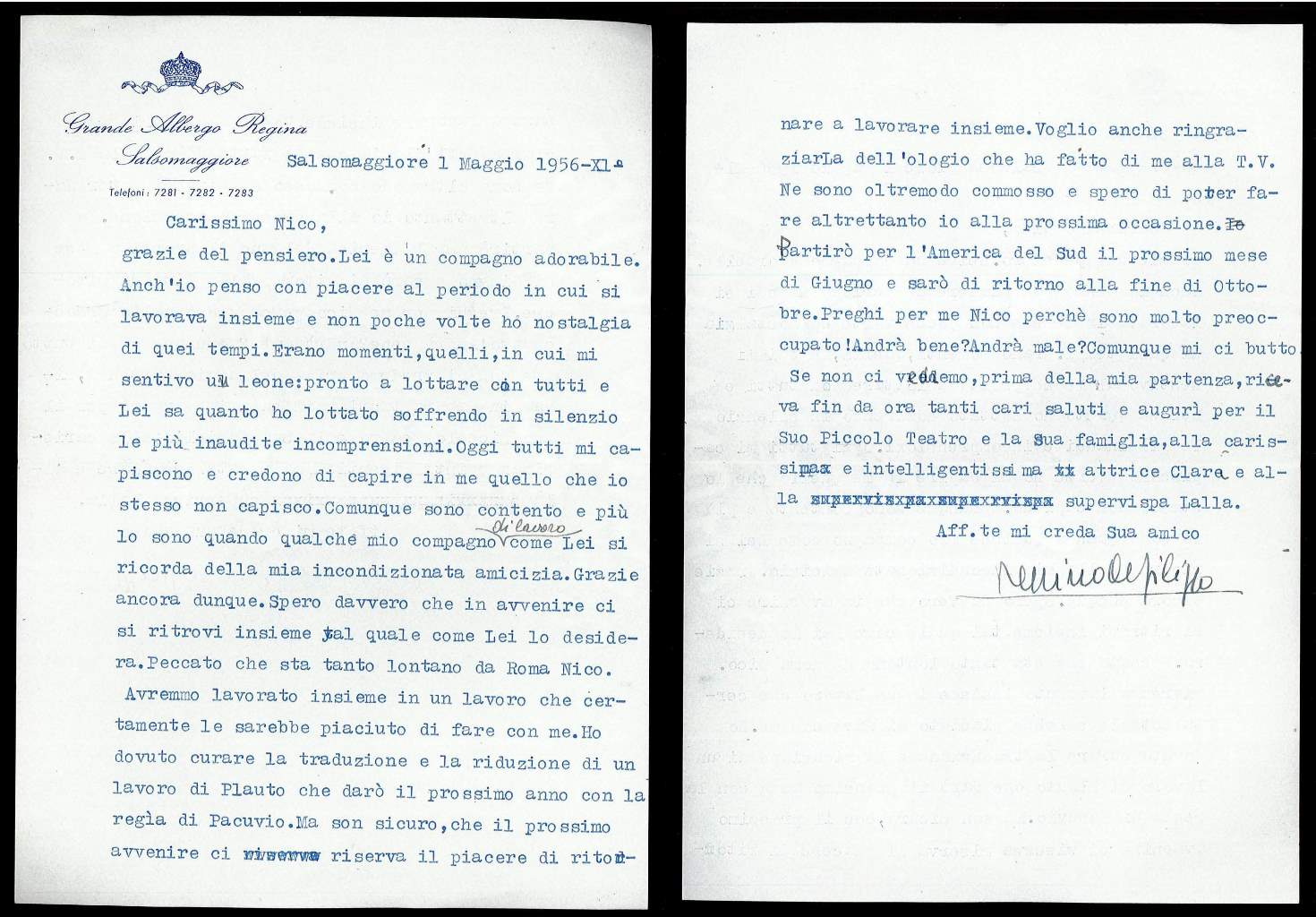 Lettera di Peppino de Filippo a Nico Pepe (senza titolo)