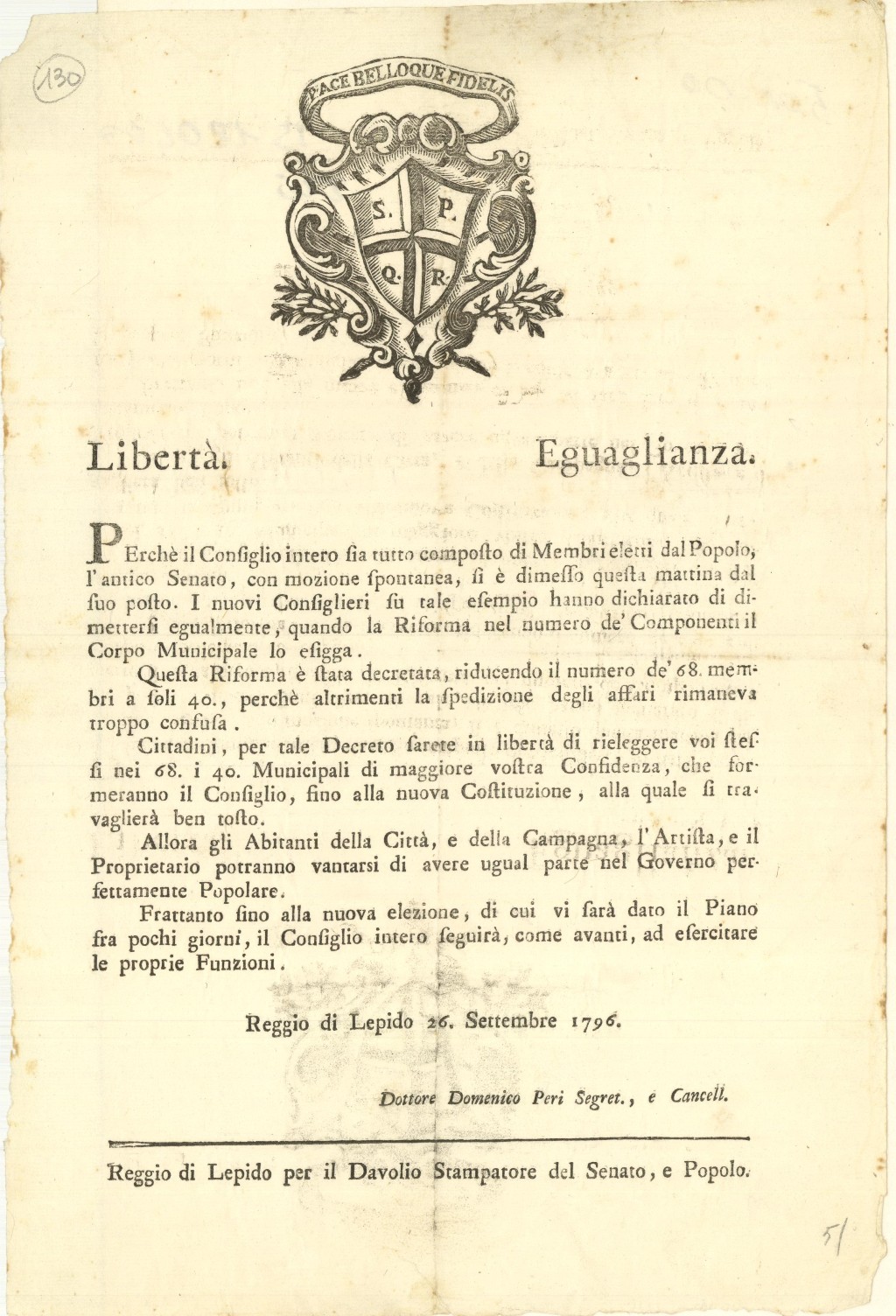 Libertà. Eguaglianza - Il Senato, e Popolo Di Reggio à …