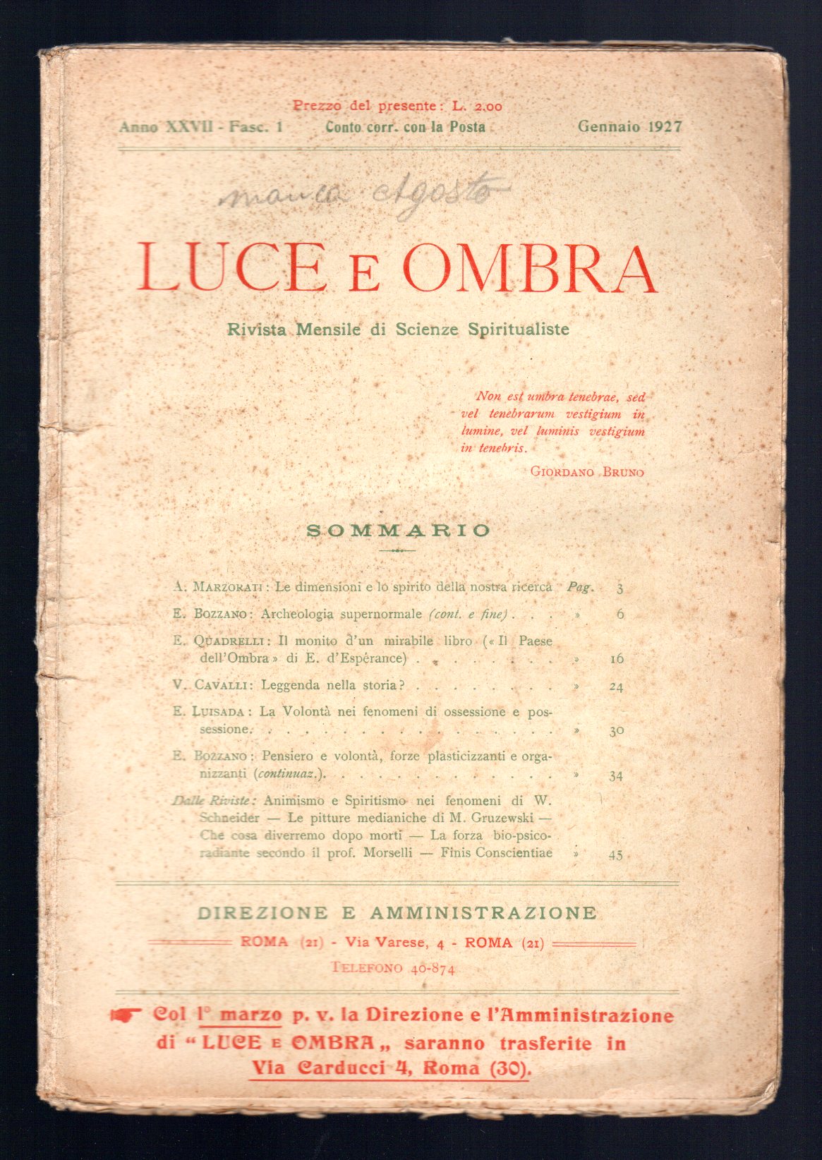 Luce e ombra. Rivista mensile di scienze spiritualiste
