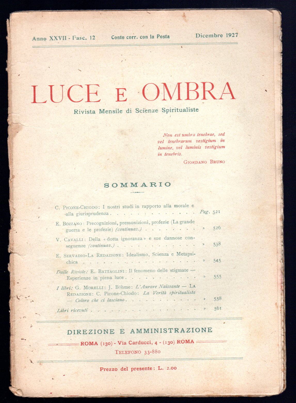 Luce e ombra. Rivista mensile di scienze spiritualiste