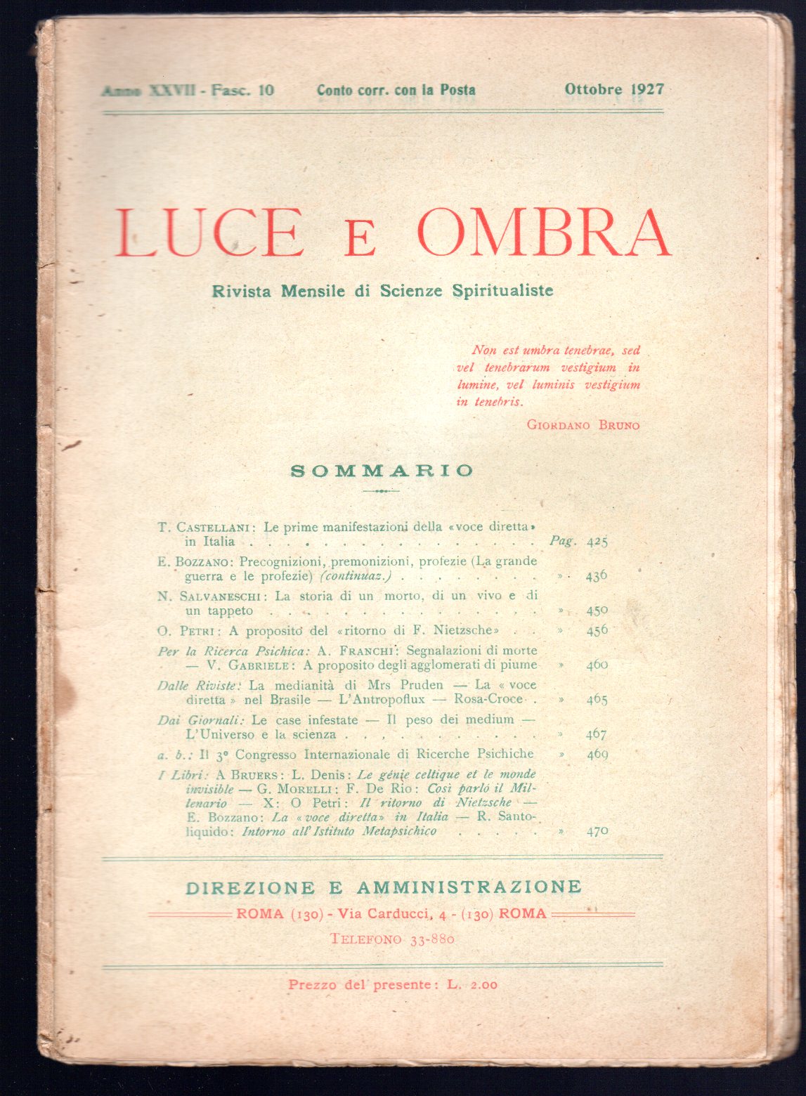 Luce e ombra. Rivista mensile di scienze spiritualiste
