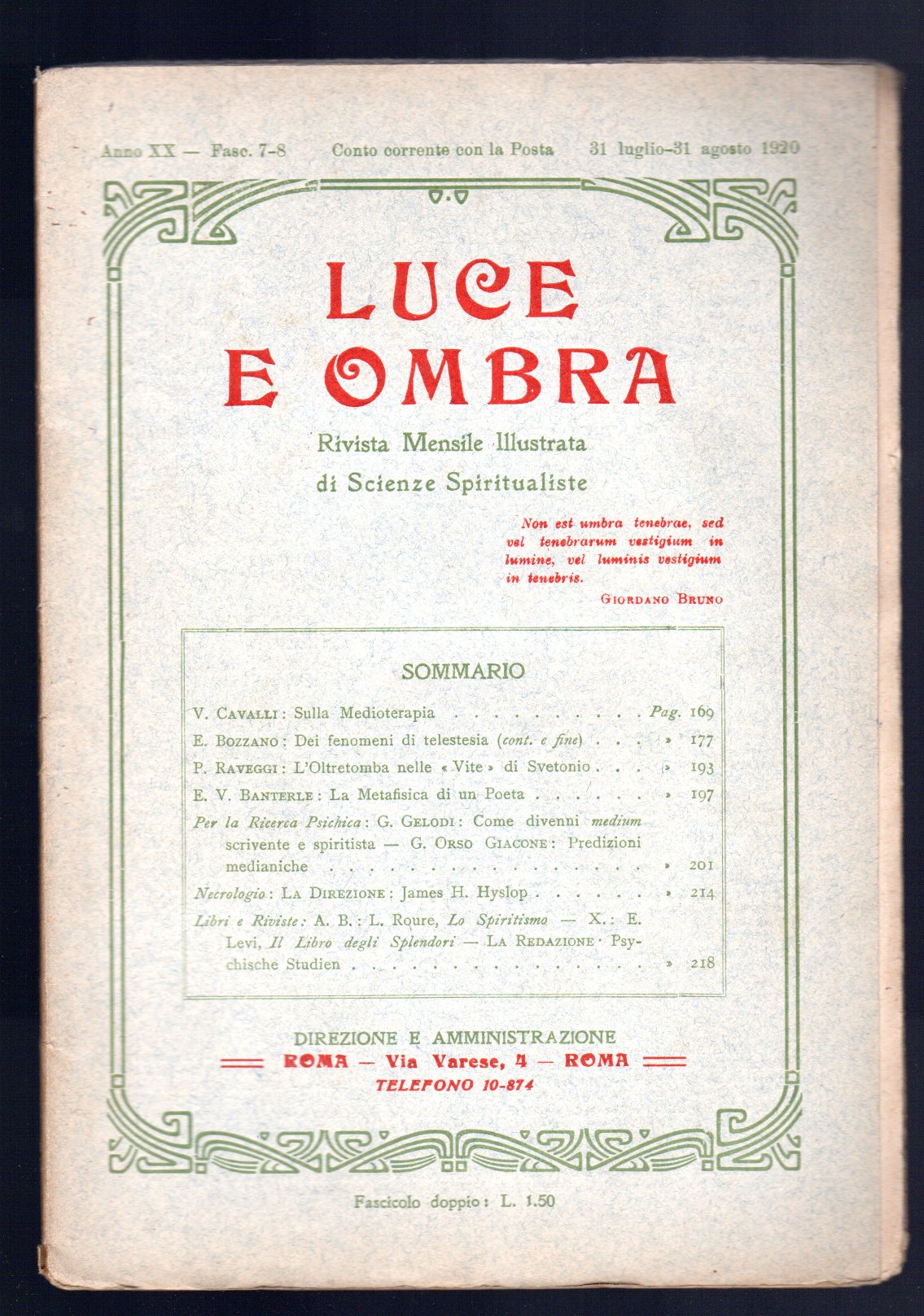 Luce e ombra. Rivista mensile di scienze spiritualiste