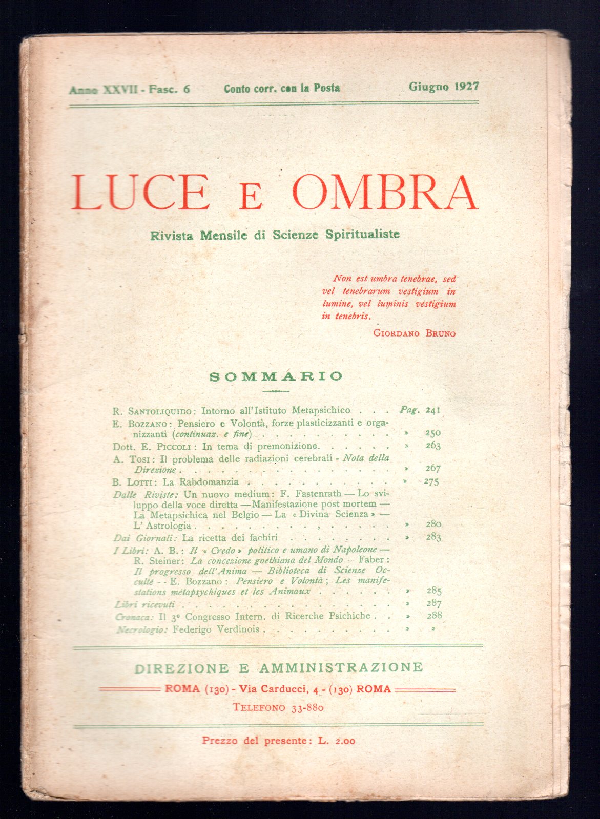 Luce e ombra. Rivista mensile di scienze spiritualiste