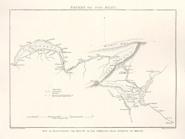 Map to illustrate the route of the Simplon from Geneva …