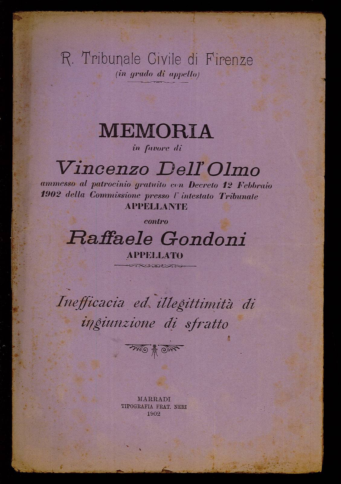 Memoria in favore di Vincenzo Dell'Olmo appellante contro Raffaele Gondoni …