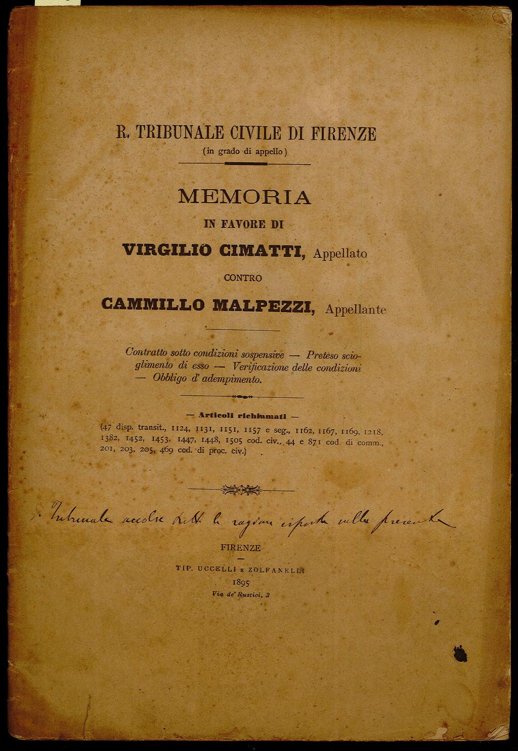 Memoria in favore di Virgilio Cimatti contro Cammillo Malpezzi
