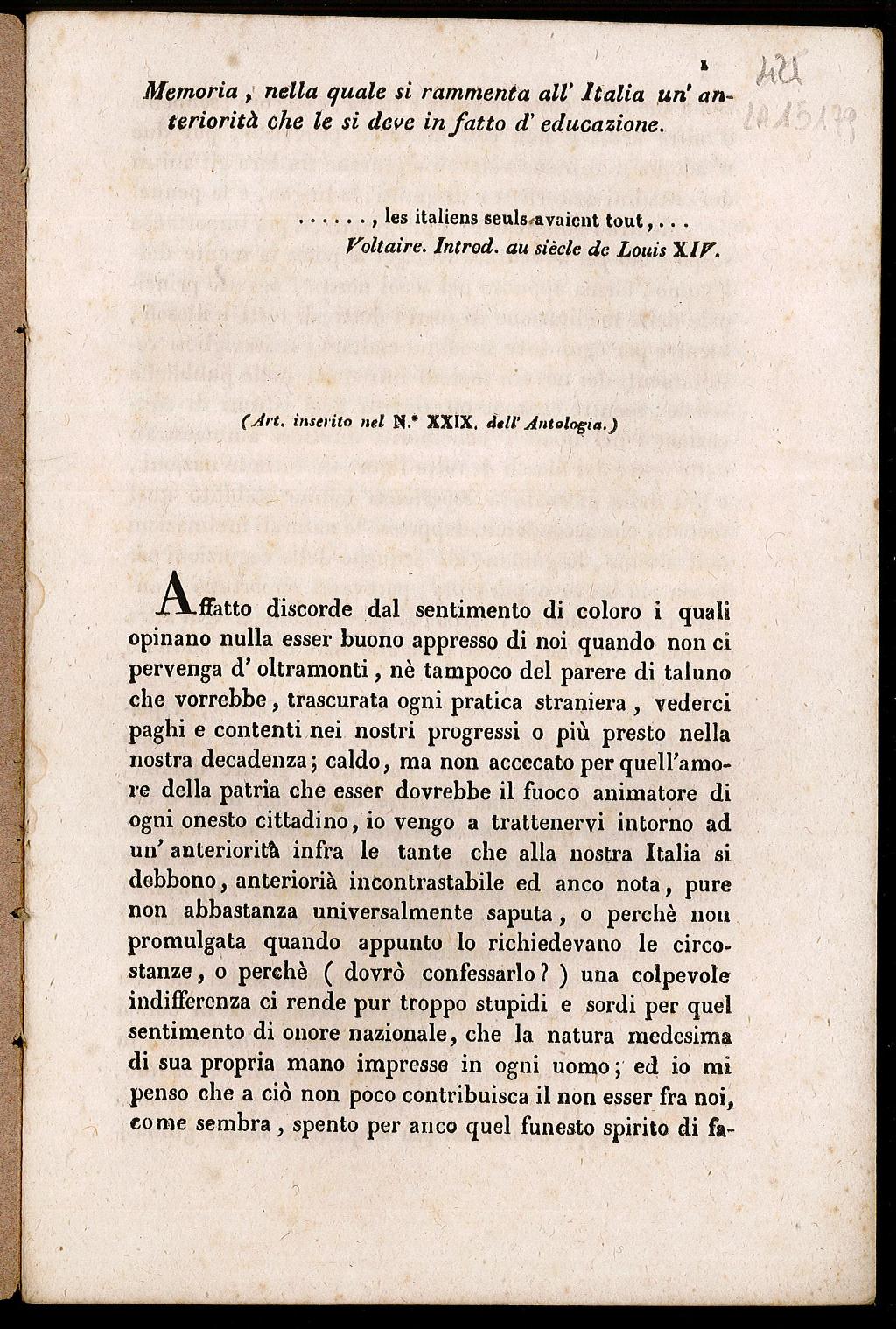 Memoria nella quale si rammenta all’Italia un’anteriorità che le si …