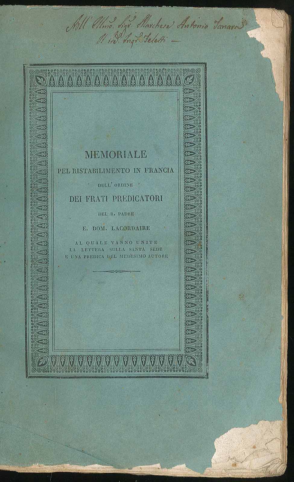Memoriale pel ristabilimento in Francia dell'ordine dei frati predicatori