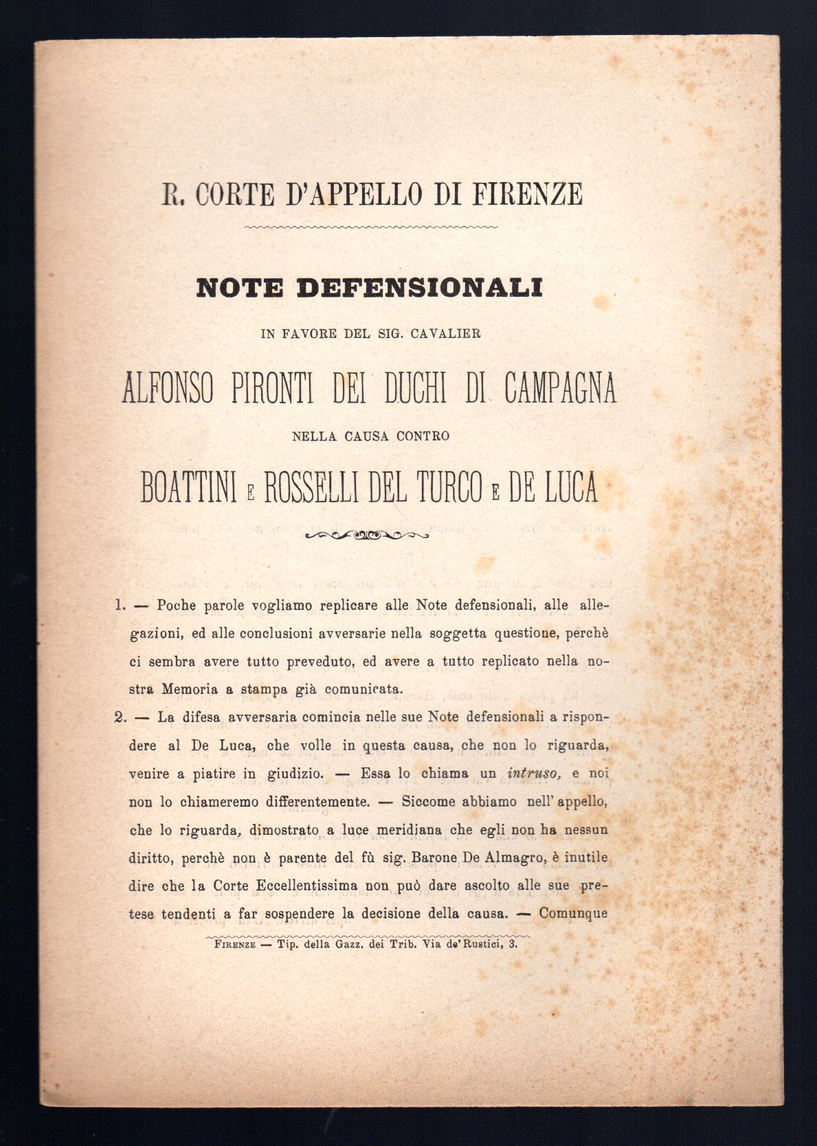 Note defensionali in favore del sig. Cavalier Alfonso Pironti dei …