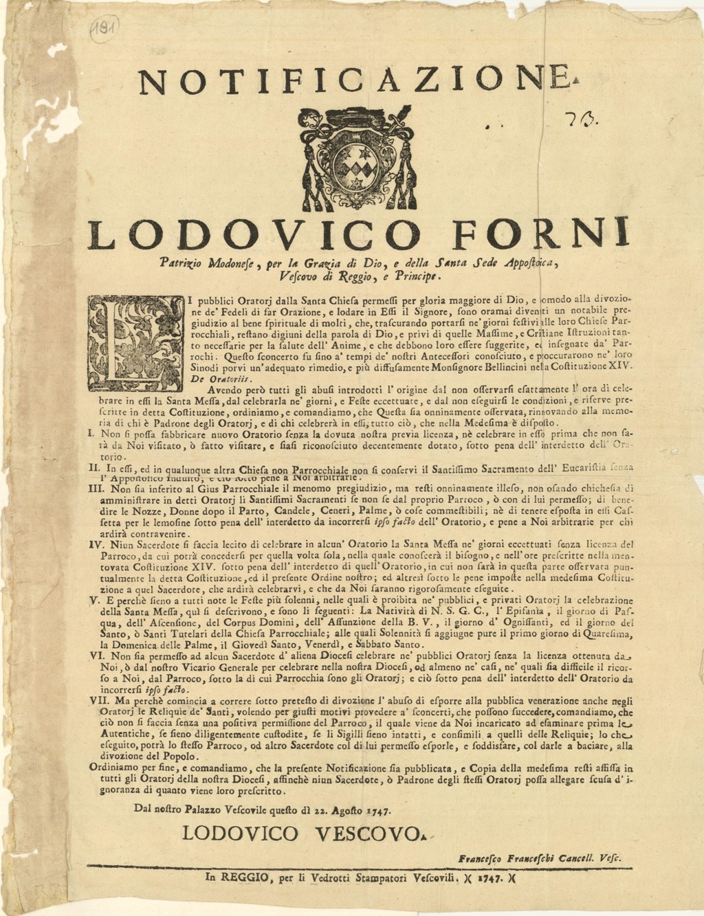 Notificazione – Lodovico Forni