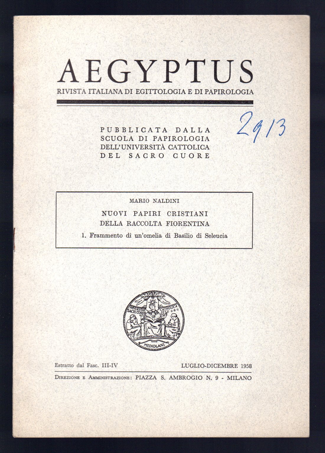 Nuovi papiri cristiani della raccolta fiorentina. Frammento di un'omelia di …