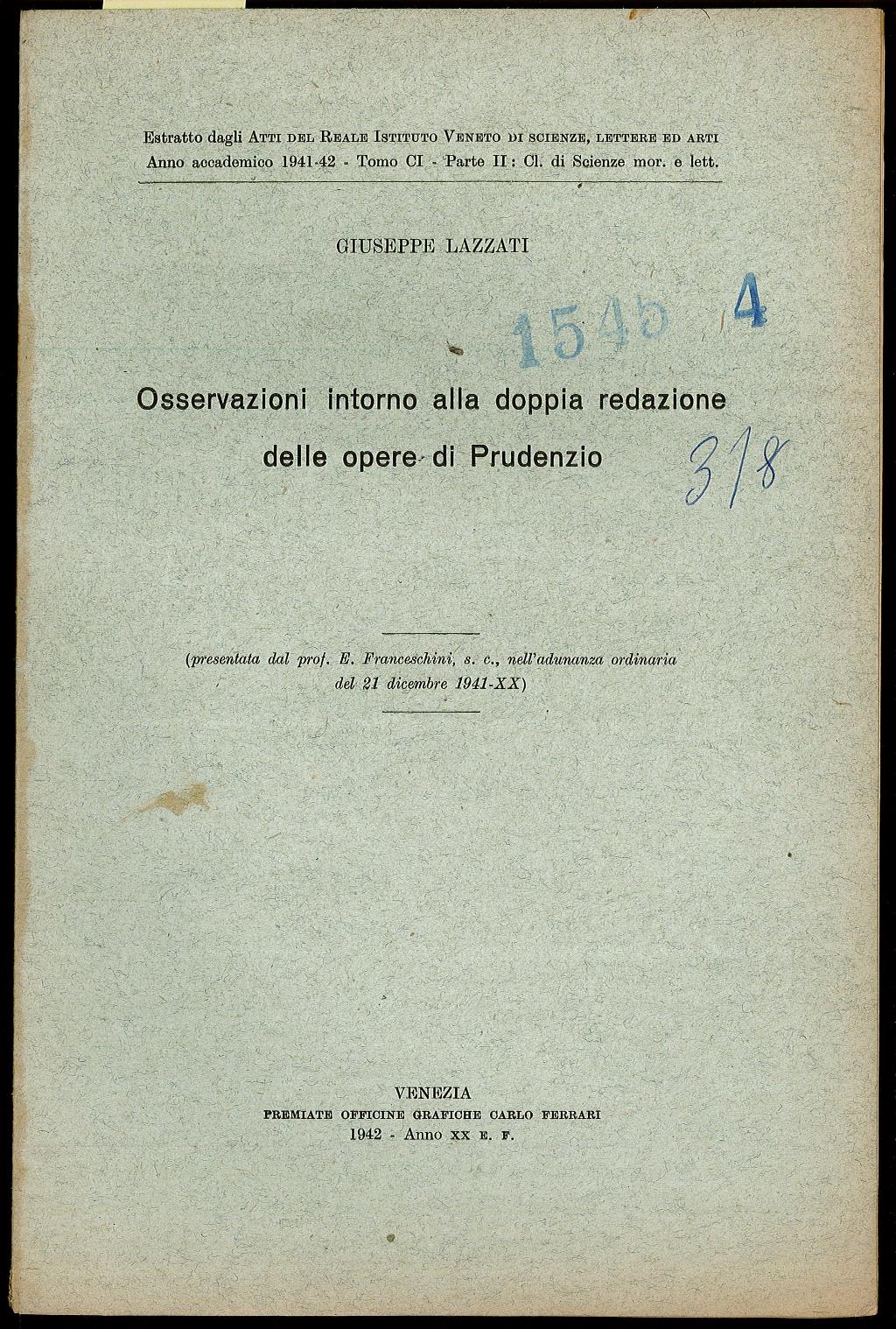 Osservazioni intorno alla doppia redazione delle opere di Prudenzio