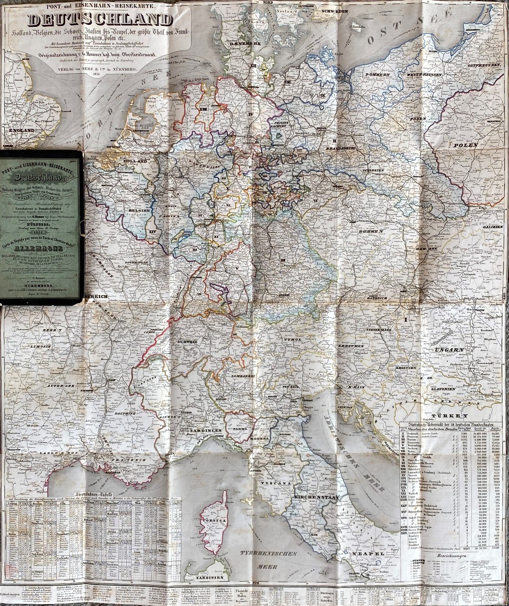 Post und Eisenbahn Reisekarte Deutschland Holland, Belgien, die Schweiz, Italien …