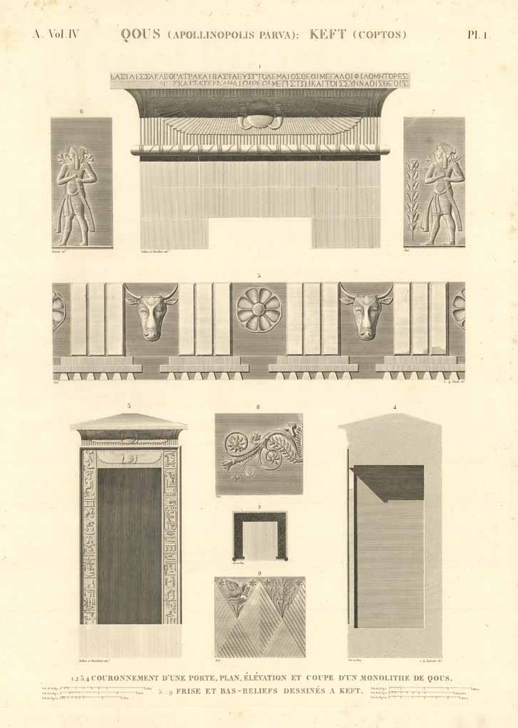 Qous (Apollinopolis Parva). Keft (Coptos) - Couronnement d'une porte. Plan, …
