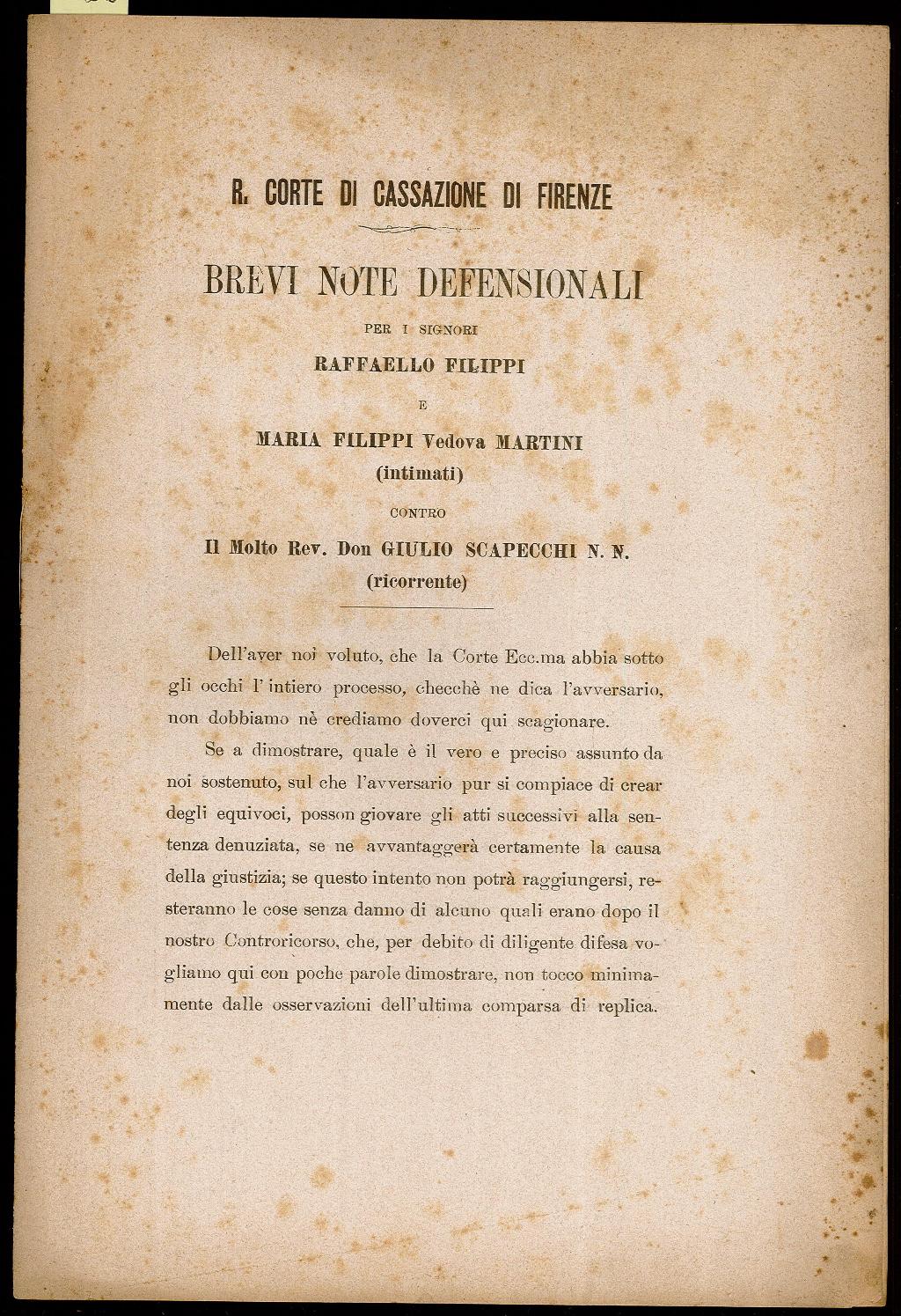 Raffaello Filippi e Maria Filippi vedova Martini contro Don Giulio …