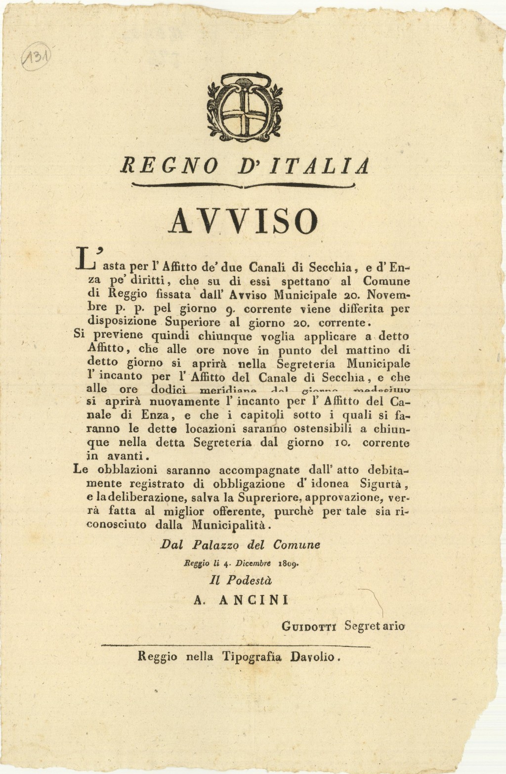 Regno d’Italia – Avviso