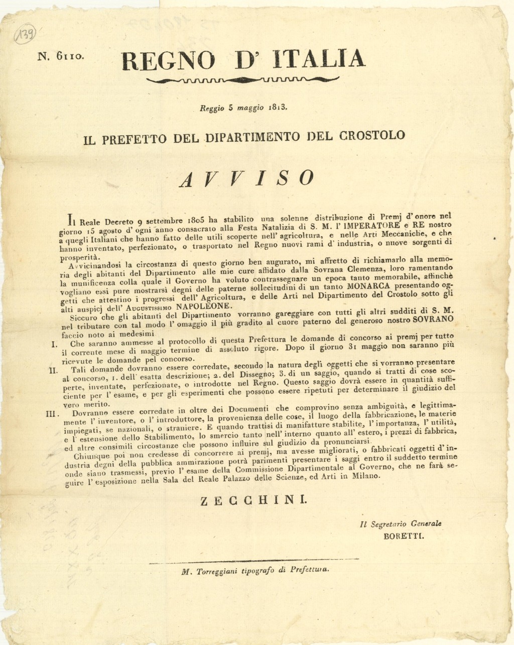 Regno d’Italia - Il Prefetto del dipartimento di Crostolo – …