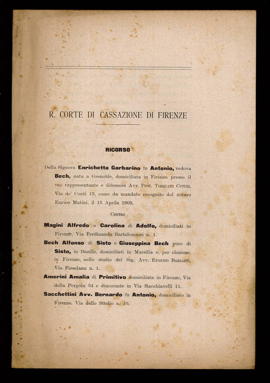 Ricorso. Enrichetta Garbarino contro Magini Alfredo e Carolina di Adolfo