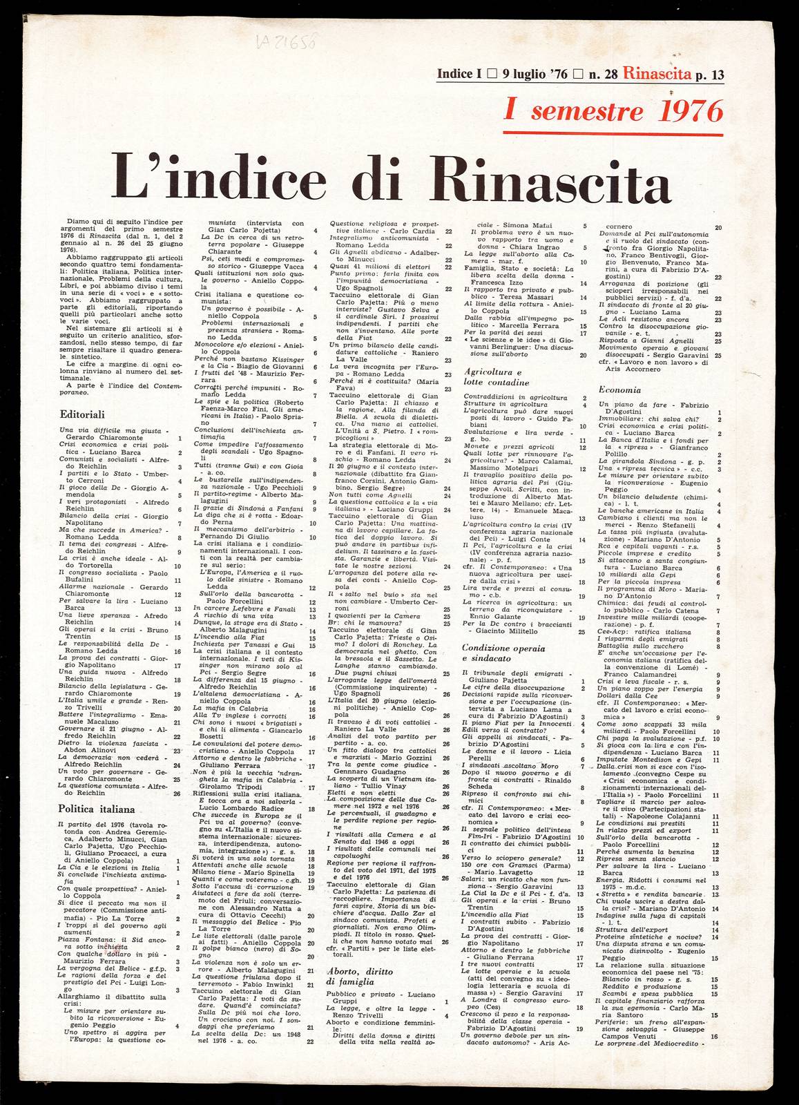 Rinascita Anno 33 indice primo semestre