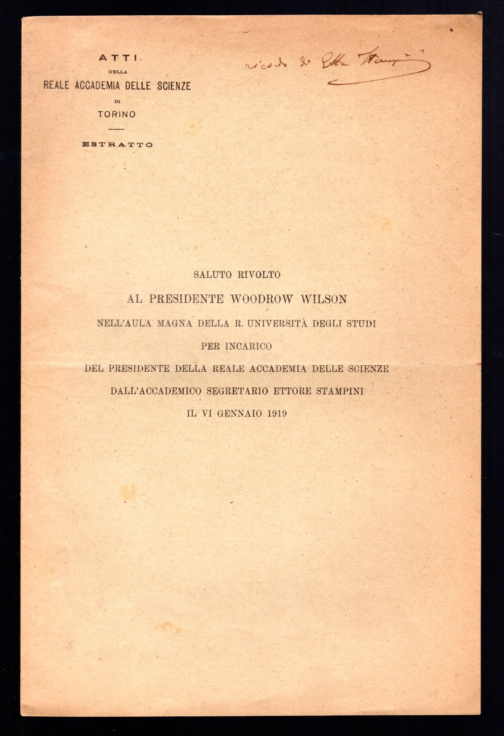Saluto rivolto al Presidente Woodrow Wilson nell'Aula Magna della R. …