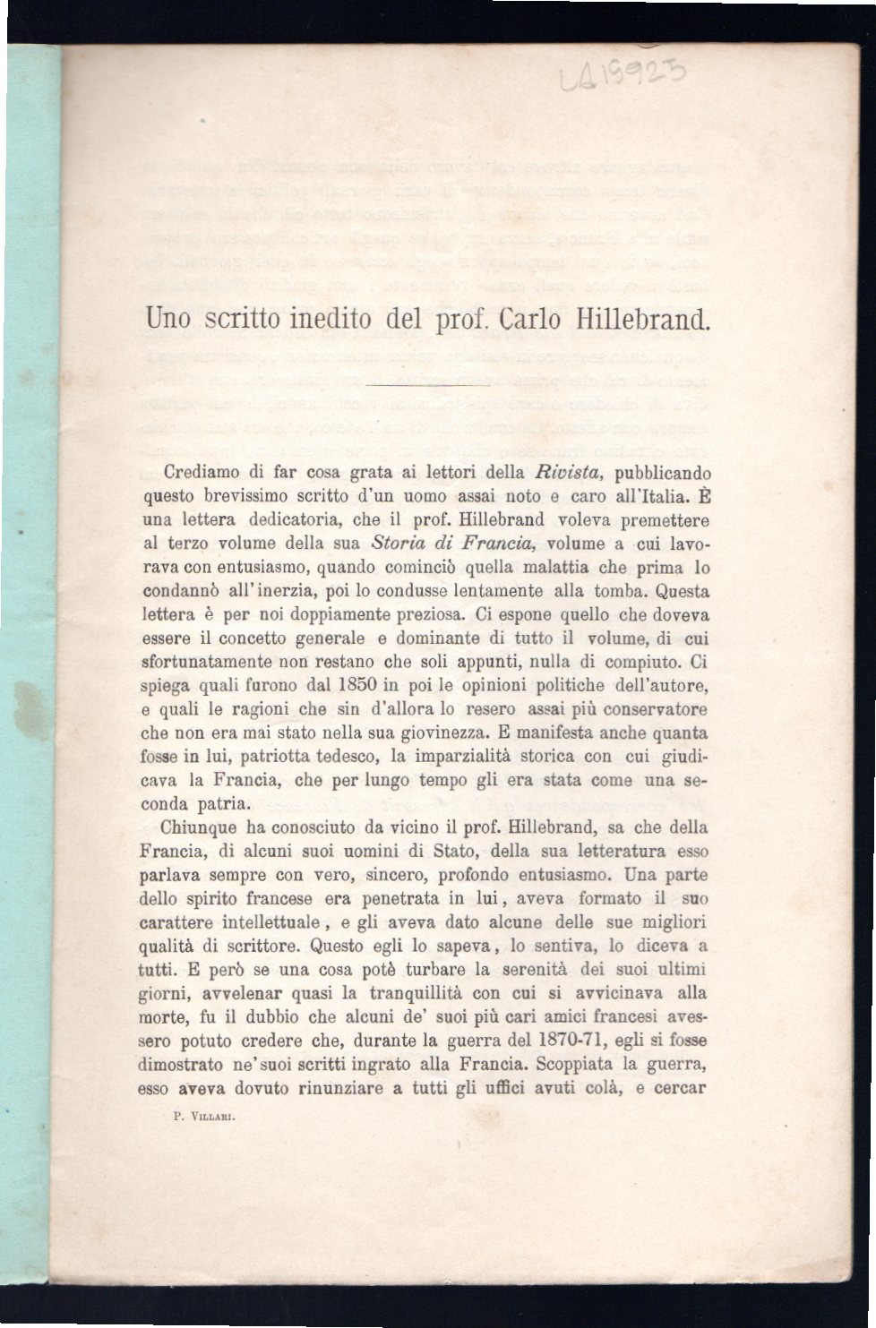 Scritto inedito del Prof. Carlo Hillebrand